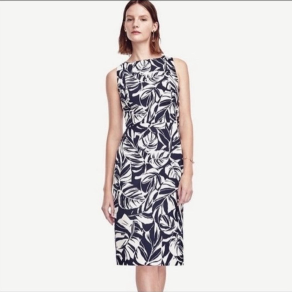 Ann Taylor Tropical Navy Palm Leaf Midi Dress